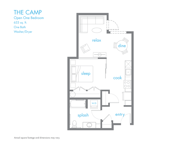 Floor plan for 1 bed, 1 bath, 633 sqft